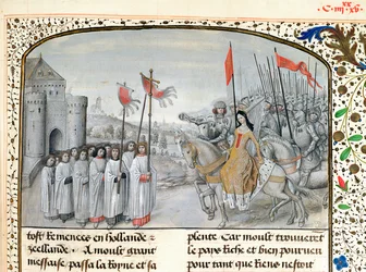 Ms 659 f.195. Królowa Francji Izabela (1292-1358) i jej syn Edward III (1312-77) są witani w Oksfordzie w 1326, 1477 r.